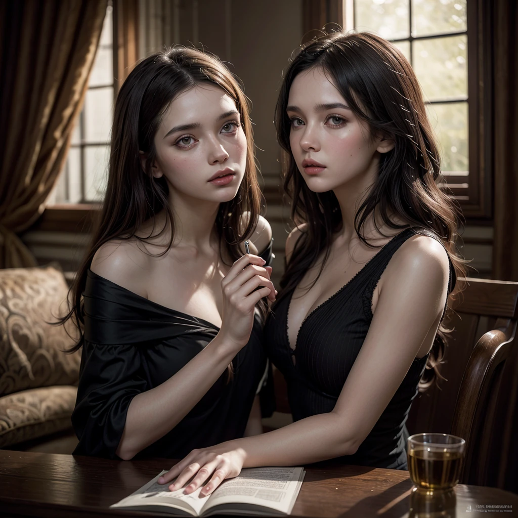 A mysterious and hopeful image。Depiction of only hands、tarot appraisal、divination、table three women in a fantasy setting, triad of muses, Hecate, Aphrodite, wolf goddess, !5 three-eyed goddesses, the three destinies, goddess Hecate, tom bagshaw artstyle, tom bagshaw artstyle, by tom bagshaw and boris vallejo, artgerm and tom bagshaw, tom bagshaw style, from tom bagshaw