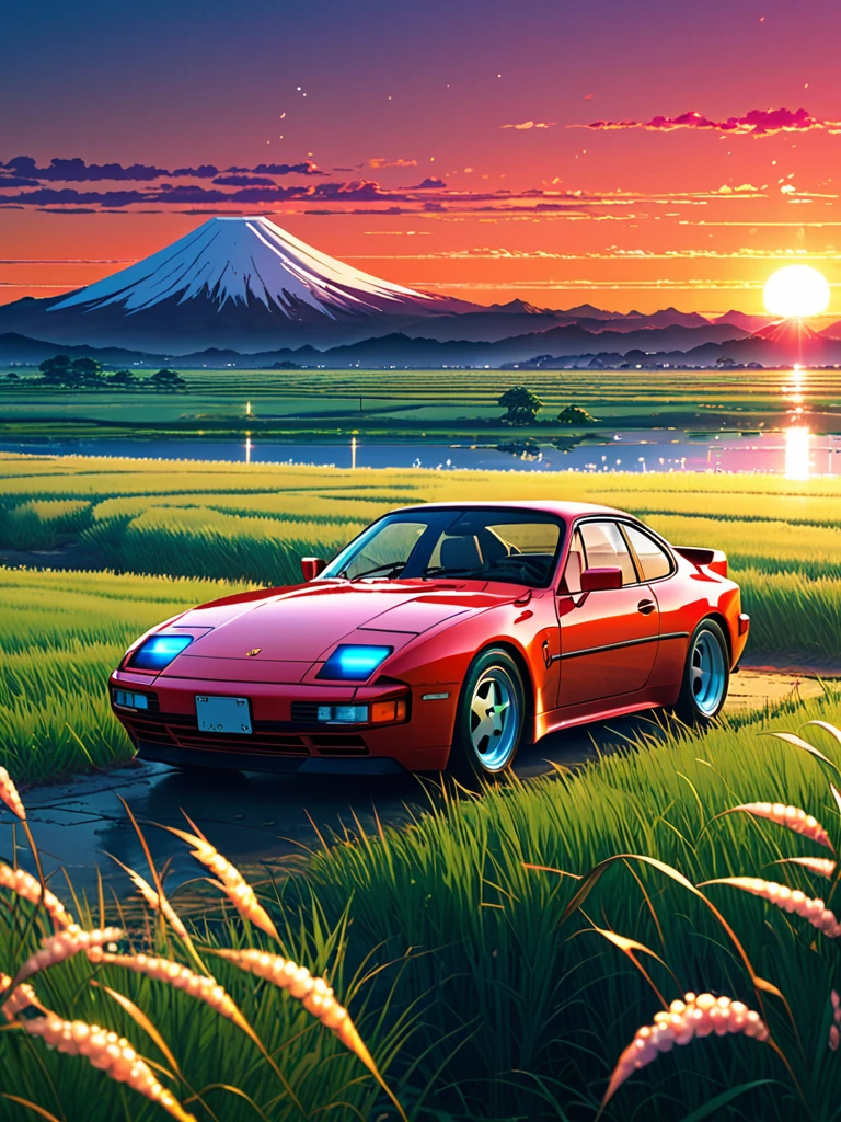 anime landscape of A pearl super space laser redclassic 1992 Porsche 944 sport sits in a field of tall grass with a sunset in the background.beautiful anime scene, beautiful anime peace scene, Makoto Shinkai Cyril Rolando, beautiful anime scene, amazing wallpaper, anime art wallpaper 8k, anime background, artistic anime background, anime wallpaper 4k, anime art 4k wallpaper, anime wallpaper art 4k,