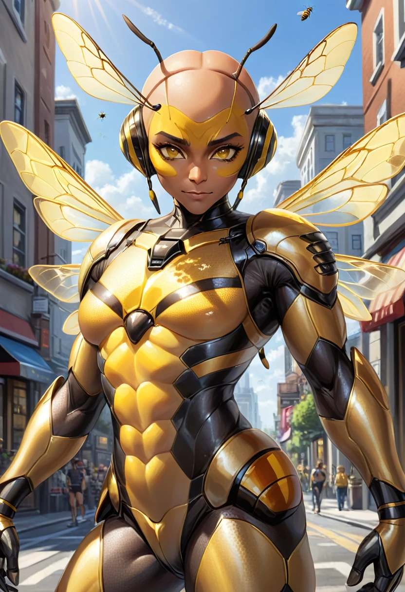 ((absurdres)) perfect whole body, ultra photorealistic, top quality, Photorealistic, ((16k UHD)) High Definition, high-res, ultra sharp, masterpiece, the best quality, intricate details, detailed eyes, perfect face detailed face, (((in a capital city town))) orange goggles, masterpiece, highly detailed exquisite character art, perfectly detailed anatomy, detailed body, detailed pecs, hyper pecs, thick thighs, (((sunny weather))) (((natural lights))), ultra-realistic, (((1male))) ((tall muscular man male humanoid)), bald, humanoid yellow skin, bee anatomy, deity, god of honey bees, humanoid black & yellow skin tone, yellow hue, powerful humanoid appearance, compound eyes, stinger, abdomen, metallic scales, scales. Metallic armour, wings, elf ears, glossy skin, large smirking face, flying in the sky, mandibles, Antenna, honey, ((male muscular stripe black & yellow humanoid insect honey bee)) (((yellow skin))), (((black skin)))