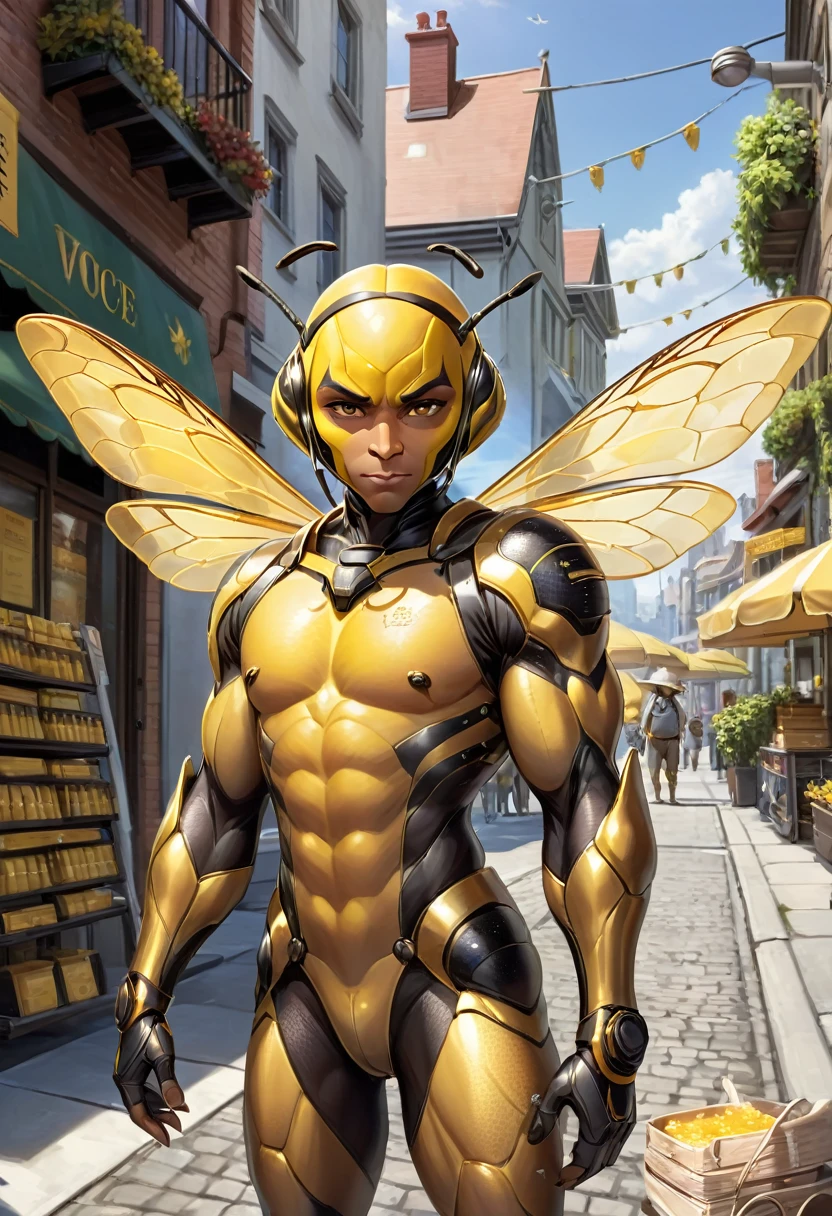 ((absurdres)) perfect whole body, ultra photorealistic, top quality, Photorealistic, ((16k UHD)) High Definition, high-res, ultra sharp, masterpiece, the best quality, intricate details, detailed eyes, perfect face detailed face, (((in a capital city town))) orange goggles, masterpiece, highly detailed exquisite character art, perfectly detailed anatomy, detailed body, detailed pecs, hyper pecs, thick thighs, (((sunny weather))) (((natural lights))), ultra-realistic, (((1male))) ((tall muscular man male humanoid)), bald, humanoid yellow skin, bee anatomy, deity, god of honey bees, humanoid black & yellow skin tone, yellow hue, powerful humanoid appearance, compound eyes, stinger, abdomen, metallic scales, scales. Metallic armour, wings, elf ears, glossy skin, large smirking face, flying in the sky, mandibles, Antenna, honey, ((male muscular stripe black & yellow humanoid insect honey bee)) (((yellow skin))), (((black skin)))