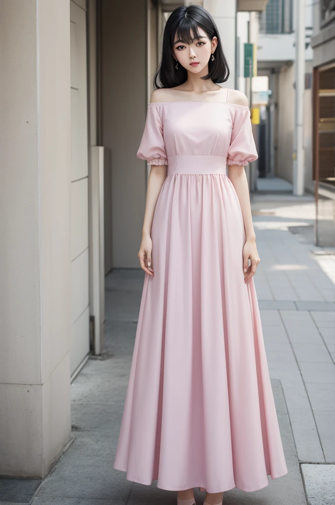 Tall Korean with black hair ,long pastel pink dress