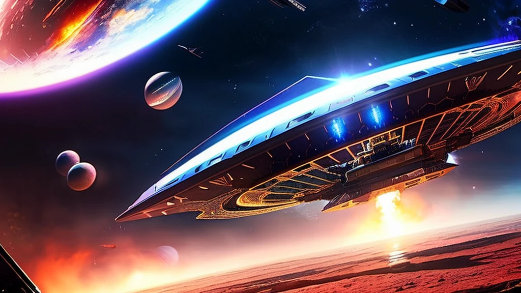 Epic sci-fi space battle scenes, alien spaceships, attacking space bases, huge explosions, elaborate futuristic spaceships, advanced alien technology, intense space combat, dramatic lighting, cinematic angles, complex machinery, glowing energy fields, metallic textures, dramatic camera angles, epic scale, highly detailed, photorealistic, 8k, award-winning sci-fi concept art, moody color palette,