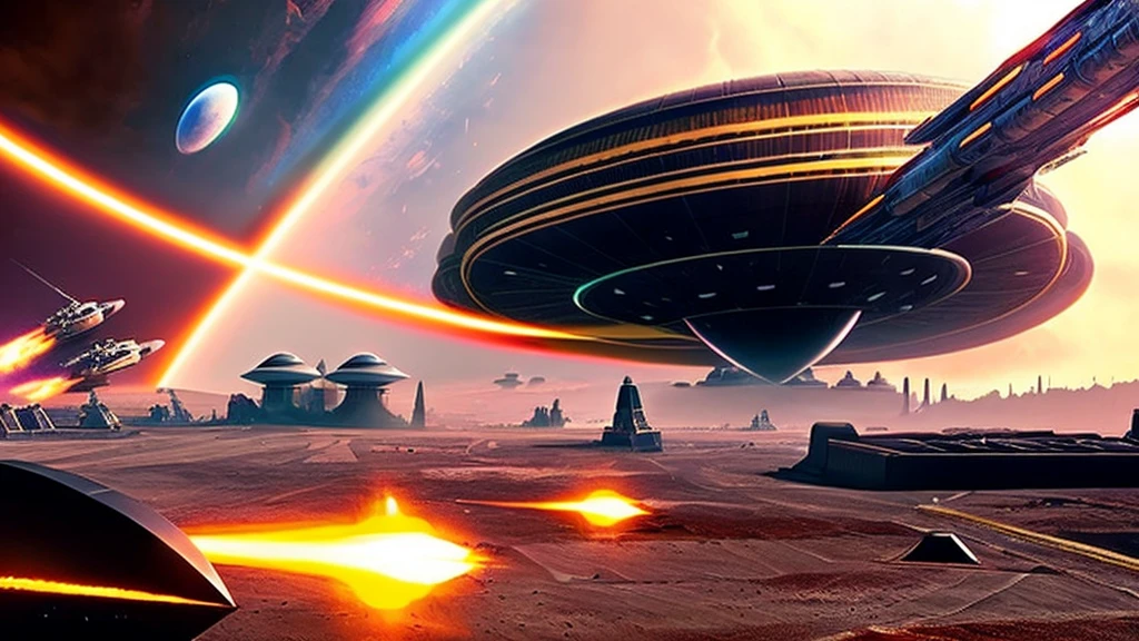 Epic sci-fi space battle scenes, alien spaceships, attacking space bases, huge explosions, elaborate futuristic spaceships, advanced alien technology, intense space combat, dramatic lighting, cinematic angles, complex machinery, glowing energy fields, metallic textures, dramatic camera angles, epic scale, highly detailed, photorealistic, 8k, award-winning sci-fi concept art, moody color palette,