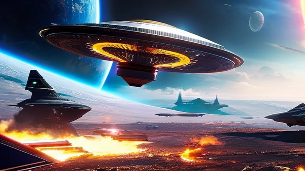 Epic sci-fi space battle scenes, alien spaceships, many small craft launching from large ships, phaser beams firing, attacking Earth's cities, people fleeing, dramatic lighting, cinematic angles, complex machinery, glowing energy fields, metallic textures, dramatic camera angles, epic scale, highly detailed, photorealistic, 8k, award-winning sci-fi concept art, moody color palette,