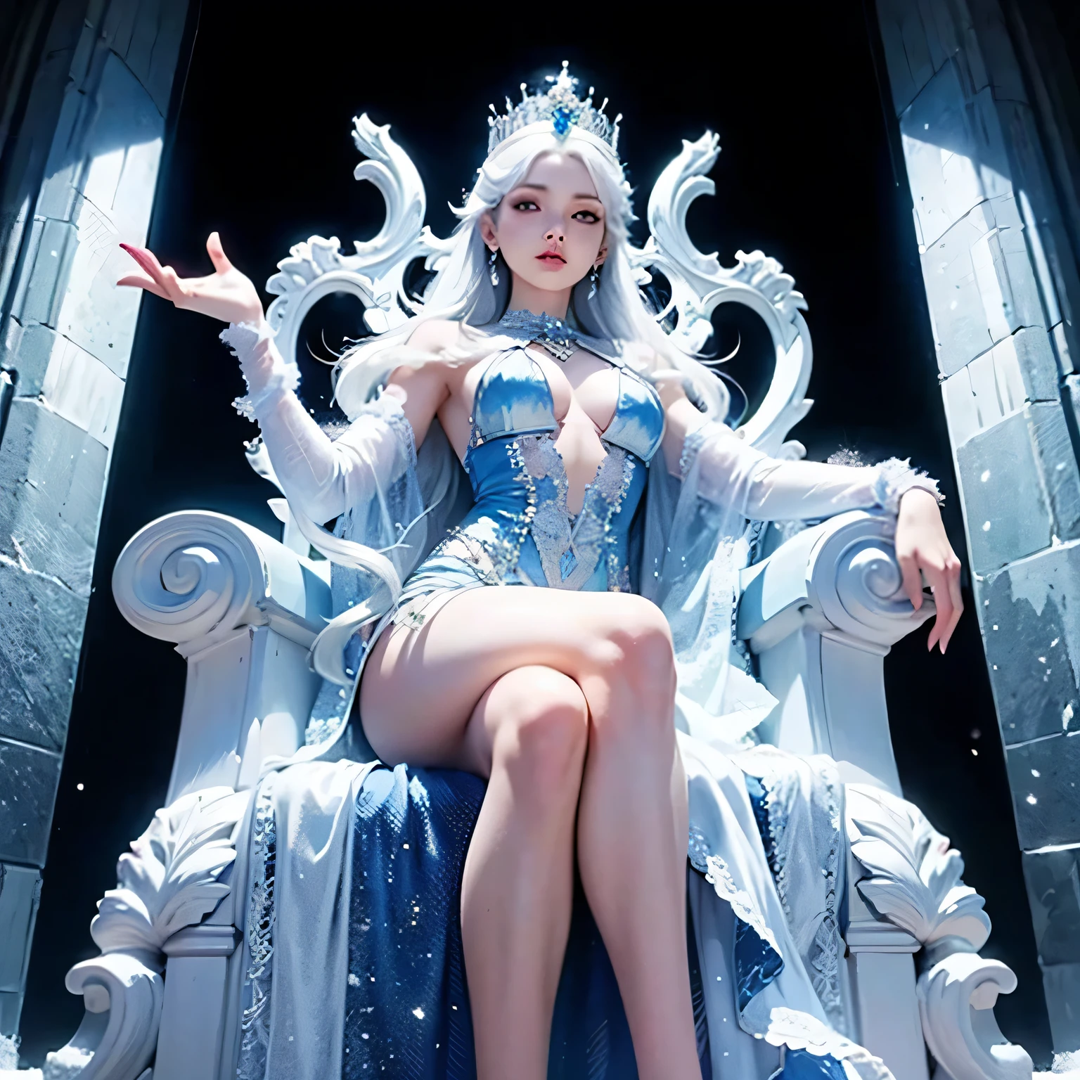 throneroom, ice, ultra-detailed, 
Raw photo、(High resolution:1.3)、(Highest quality)、8K、(Perfect Anatomy)、Angle from below、One woman、Beautiful and well-proportioned face、20-year-old、whole body、The young Snow Queen on her ice throne、Ice Castle Throne Room、(Ice costume and crown)、Super see-through、(She&#39;s wearing nothing but ice.)、Ice furniture and walls、(Snow is blowing in from the atrium:1.3)、Intricate details、Detailed Background、Show your audience a confident smile、Super hourglass body type、(Super big breasts pointing upwards:1.4)、Narrow waist、Wide super big ass、(Increased transparency)、Sexy and dynamic pose、(An ice blizzard swirls around her:1.3)、A dramatic, cinematic atmosphere