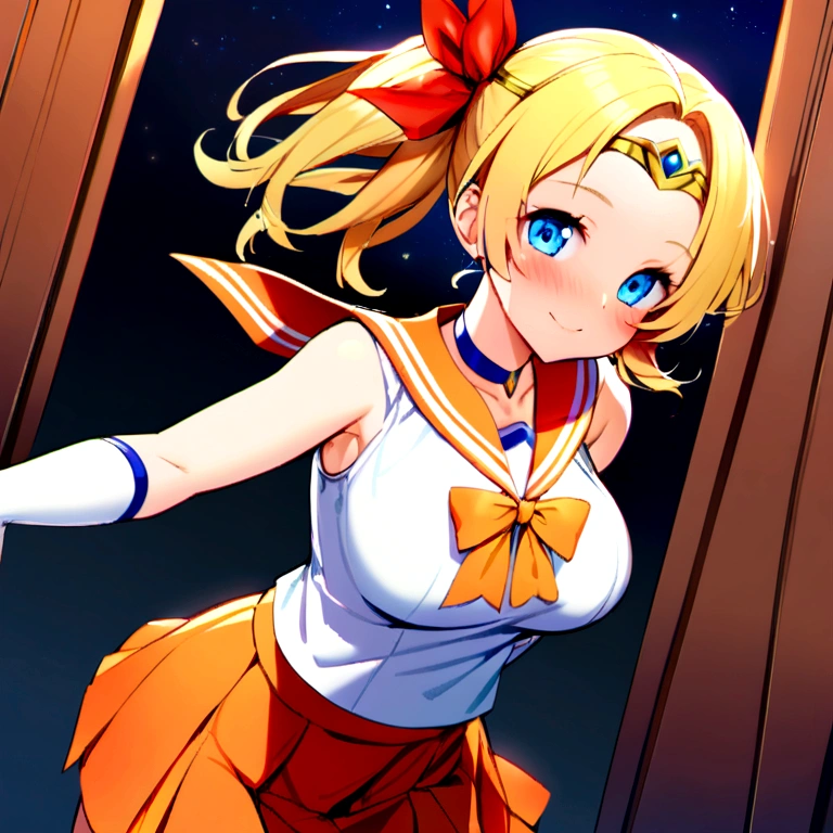 One Woman, EPsm , (Sailor Venus)Big Breasts,(Long blonde hair, blue eyes, blush, Sailor Warrior Uniforms, White elbow gloves, Hair Ribbon, Circlet, choker, Orange Skirt, Orange sailor collar, Medium Chest:1.2), Cute pose, justice, night, smile, masterpiece, Highest quality, detailed background, Intricate details, detailed ,Panties are visible、