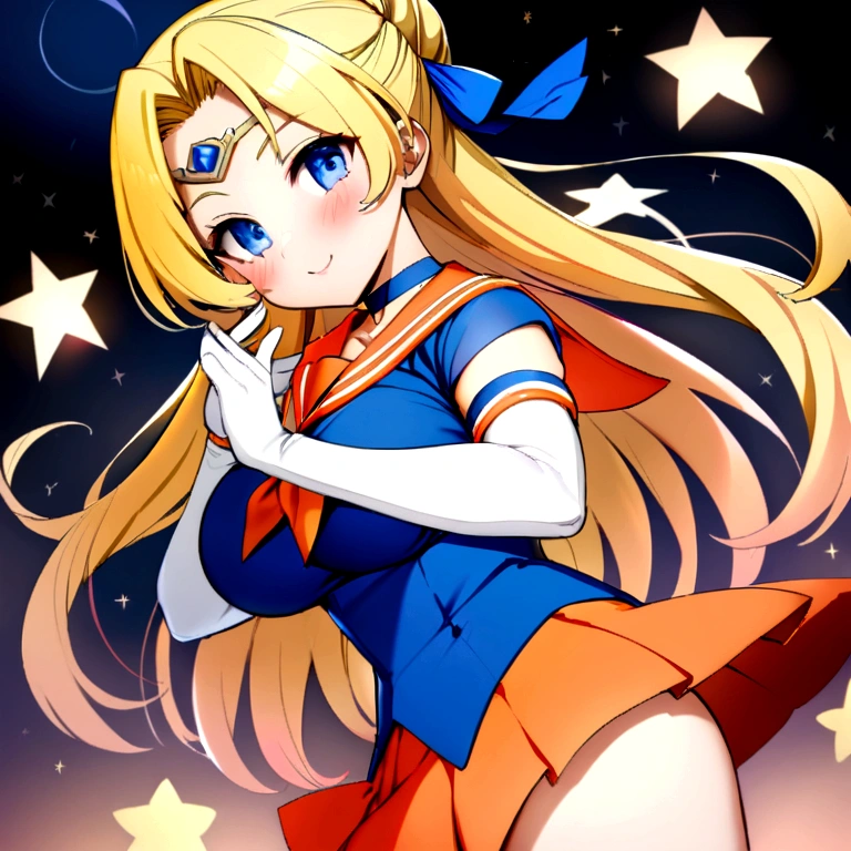 One Woman, EPsm , (Sailor Venus)Big Breasts,(Long blonde hair, blue eyes, blush, Sailor Warrior Uniforms, White elbow gloves, Hair Ribbon, Circlet, choker, Orange Skirt, Orange sailor collar, Medium Chest:1.2), Cute pose, justice, night, smile, masterpiece, Highest quality, detailed background, Intricate details, detailed ,Panties are visible、