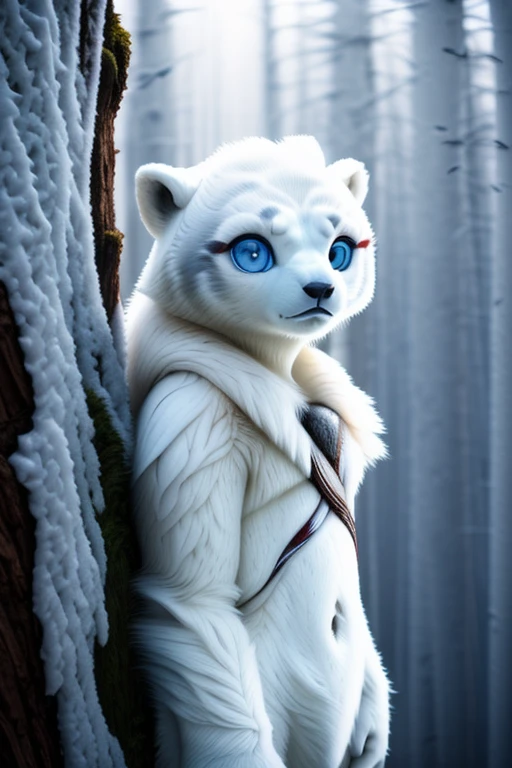 abstract colors, texture, Film grain, skin pore:0.1 foto RAW hasselblad dslr, intricate, backlit dramatic portrait of a 😎((A humanoid white polar bear with abnormal musculature, very robust, blue eyes is standing looking up looking at the sky and uses some animal hides as clothing)), frozen ground and desert scenery, no trees there are no plants on this planet. Low left photography angle💜. conceptual art anna dittmann magali villeneuve marc simonetti, still frame of cinematic film, (analog style)1.3 (Film grain)1.3, setting frozen planet blizzard has no trees.