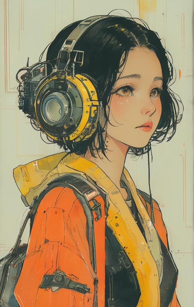 alone, One girl, profile,Black Bob, profile, The background color is solid yellow,An illustration