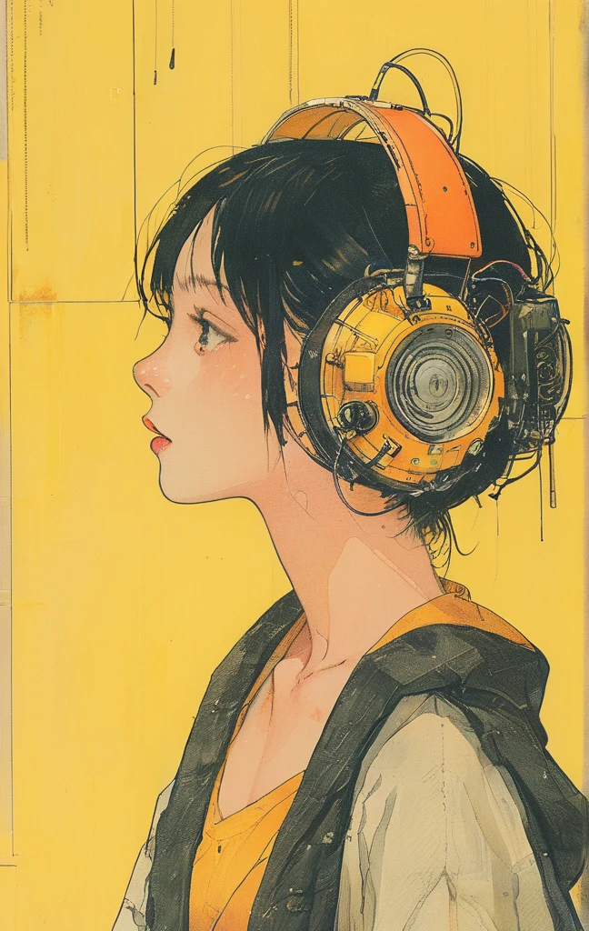 alone, One girl, profile,Black Bob, profile, The background color is solid yellow,An illustration