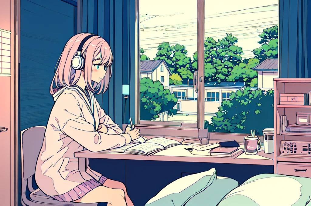 pastel colour、A beautiful girl studying at a desk in her room while listening to music with headphones、radio、Coffee cup、 quiet night,Japanese anime