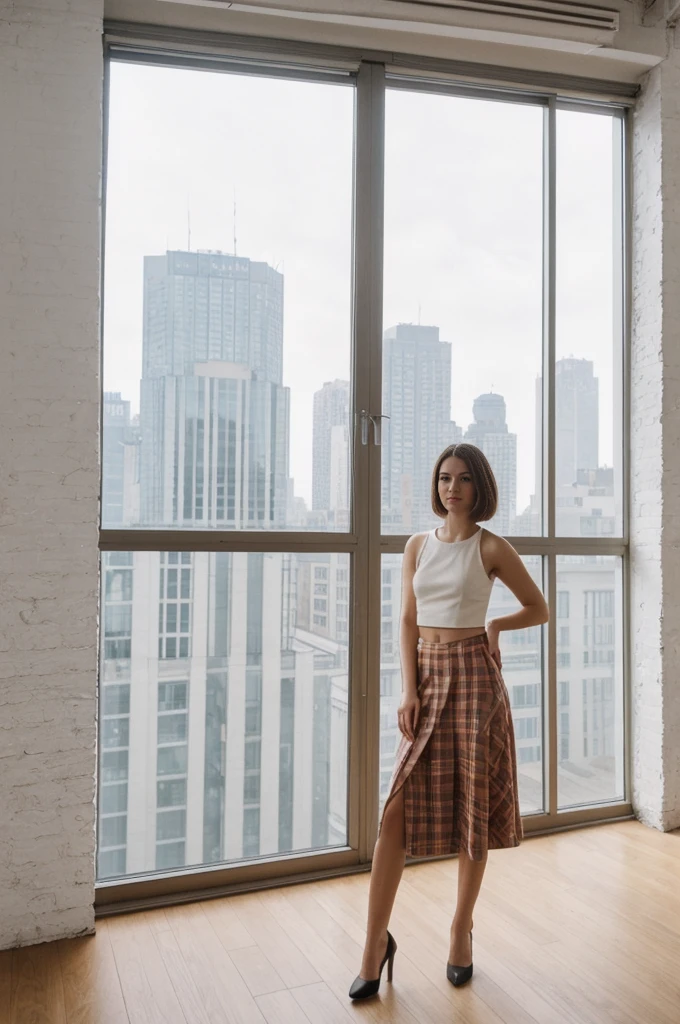 her name is Elektra, high quality, 1girl, ((20-year-old fit Caucasian woman)), ((20 years old)), ((fit)), short bob brunette hair, pose: standing, wearing pastel colored Crop Top with Geometric Cut-Outs with High-Waisted Tartan Skirt, BACKGROUND: From an industrial-chic Brooklyn loft, featuring exposed brick walls, large windows with city views, and modern, minimalist decor.