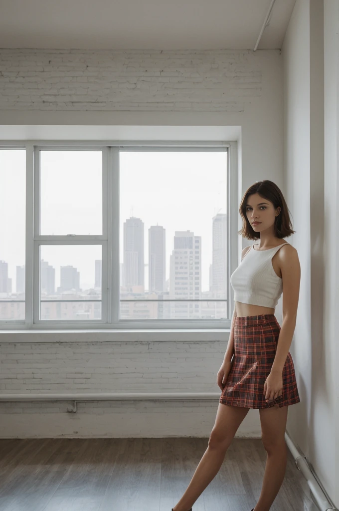 her name is Elektra, high quality, 1girl, ((20-year-old fit Caucasian woman)), ((20 years old)), ((fit)), short bob brunette hair, pose: standing, wearing pastel colored Crop Top with Geometric Cut-Outs with High-Waisted Tartan Skirt, BACKGROUND: From an industrial-chic Brooklyn loft, featuring exposed brick walls, large windows with city views, and modern, minimalist decor.