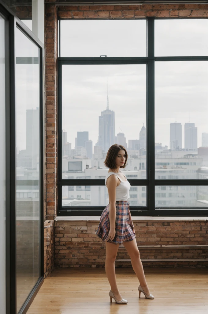 her name is Elektra, high quality, 1girl, ((20-year-old fit Caucasian woman)), ((20 years old)), ((fit)), short bob brunette hair, pose: standing, wearing pastel colored Crop Top with Geometric Cut-Outs with High-Waisted Tartan Skirt, BACKGROUND: From an industrial-chic Brooklyn loft, featuring exposed brick walls, large windows with city views, and modern, minimalist decor.