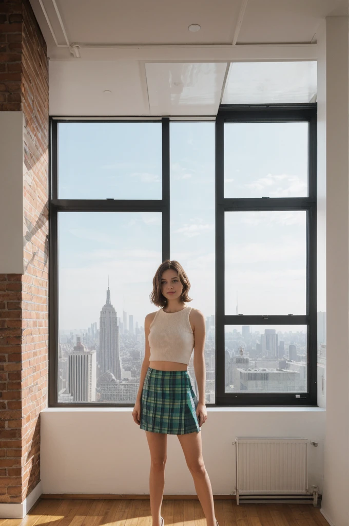 her name is Elektra, high quality, 1girl, ((20-year-old fit Caucasian woman)), ((20 years old)), ((fit)), short bob brunette hair, pose: standing, wearing pastel colored Crop Top with Geometric Cut-Outs with High-Waisted Tartan Skirt, BACKGROUND: From an industrial-chic Brooklyn loft, featuring exposed brick walls, large windows with city views, and modern, minimalist decor.