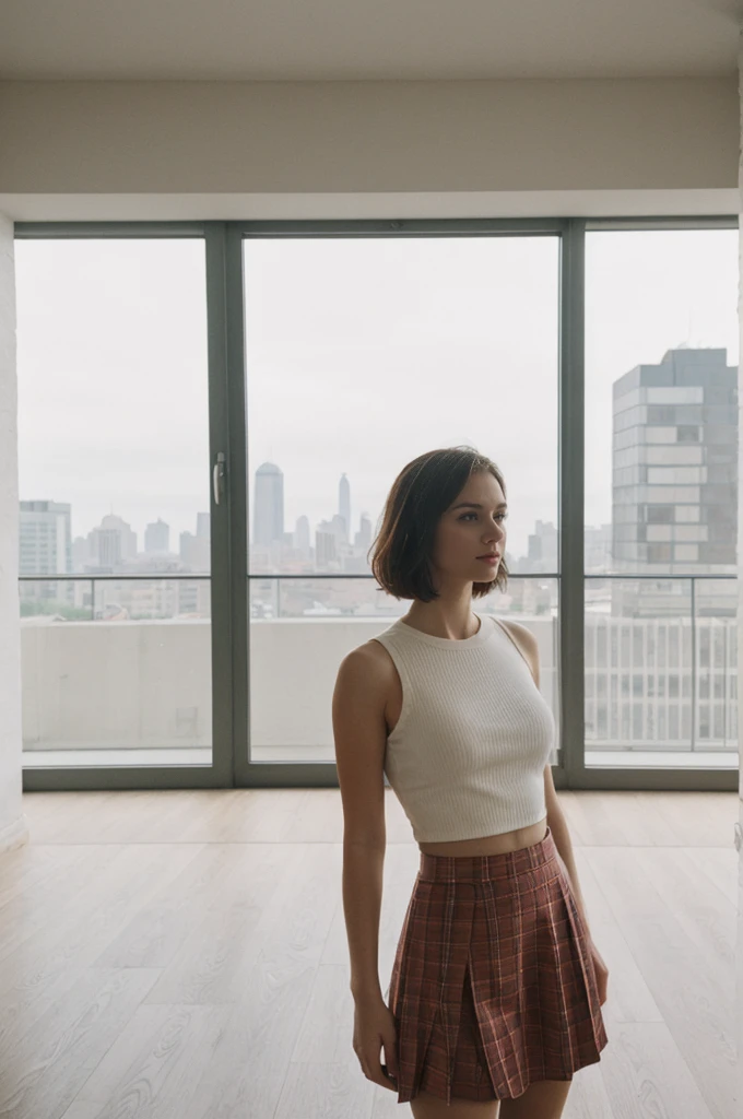 her name is Elektra, high quality, 1girl, ((20-year-old fit Caucasian woman)), ((20 years old)), ((fit)), short bob brunette hair, pose: standing, wearing pastel colored Crop Top with Geometric Cut-Outs with High-Waisted Tartan Skirt, BACKGROUND: From an industrial-chic Brooklyn loft, featuring exposed brick walls, large windows with city views, and modern, minimalist decor.