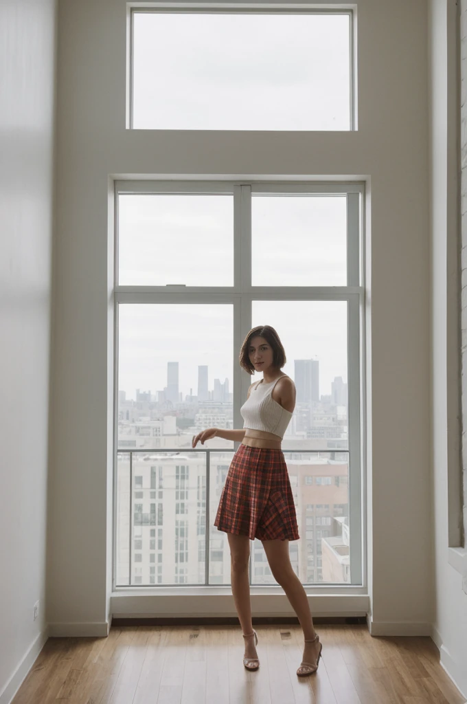 her name is Elektra, high quality, 1girl, ((20-year-old fit Caucasian woman)), ((20 years old)), ((fit)), short bob brunette hair, pose: standing, wearing pastel colored Crop Top with Geometric Cut-Outs with High-Waisted Tartan Skirt, BACKGROUND: From an industrial-chic Brooklyn loft, featuring exposed brick walls, large windows with city views, and modern, minimalist decor.