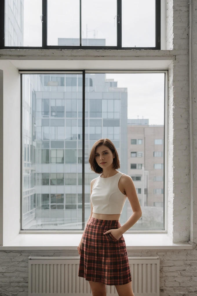 her name is Elektra, high quality, 1girl, ((20-year-old fit Caucasian woman)), ((20 years old)), ((fit)), short bob brunette hair, pose: standing, wearing pastel colored Crop Top with Geometric Cut-Outs with High-Waisted Tartan Skirt, BACKGROUND: From an industrial-chic Brooklyn loft, featuring exposed brick walls, large windows with city views, and modern, minimalist decor.
