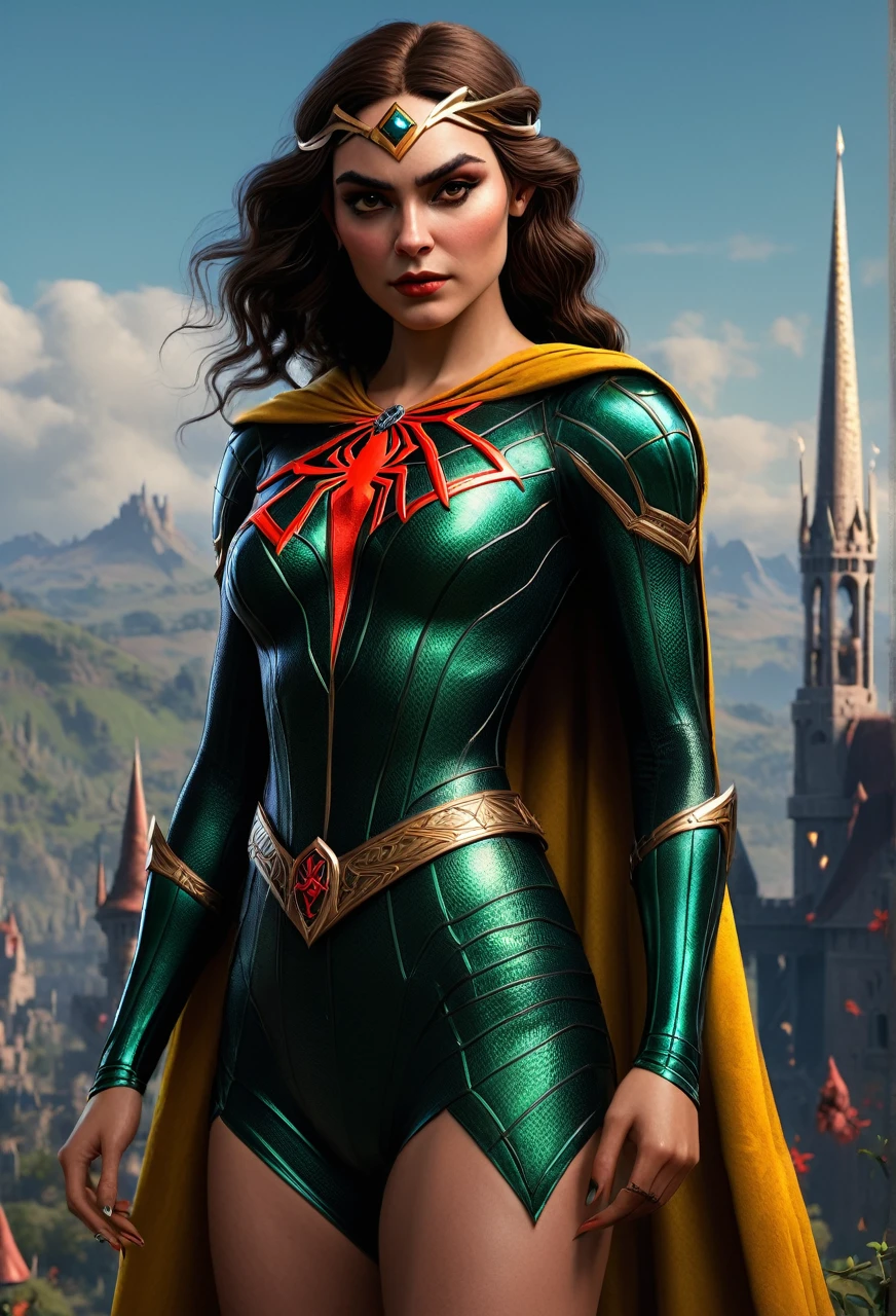 A beautiful princess, spider woman, Zelda style, ultra detailed, cinematic, best quality, 8k, hyperrealistic, intricate details, elegant fantasy, dark gothic, dramatic lighting, striking pose, dynamic composition, vibrant colors, chiaroscuro, digital painting, concept art