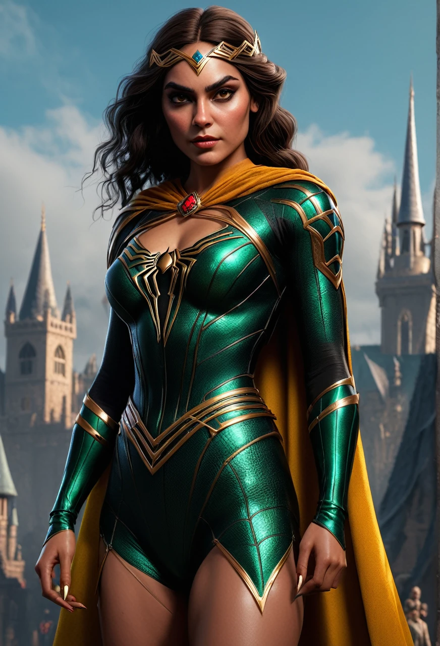 A beautiful princess, spider woman, Zelda style, ultra detailed, cinematic, best quality, 8k, hyperrealistic, intricate details, elegant fantasy, dark gothic, dramatic lighting, striking pose, dynamic composition, vibrant colors, chiaroscuro, digital painting, concept art