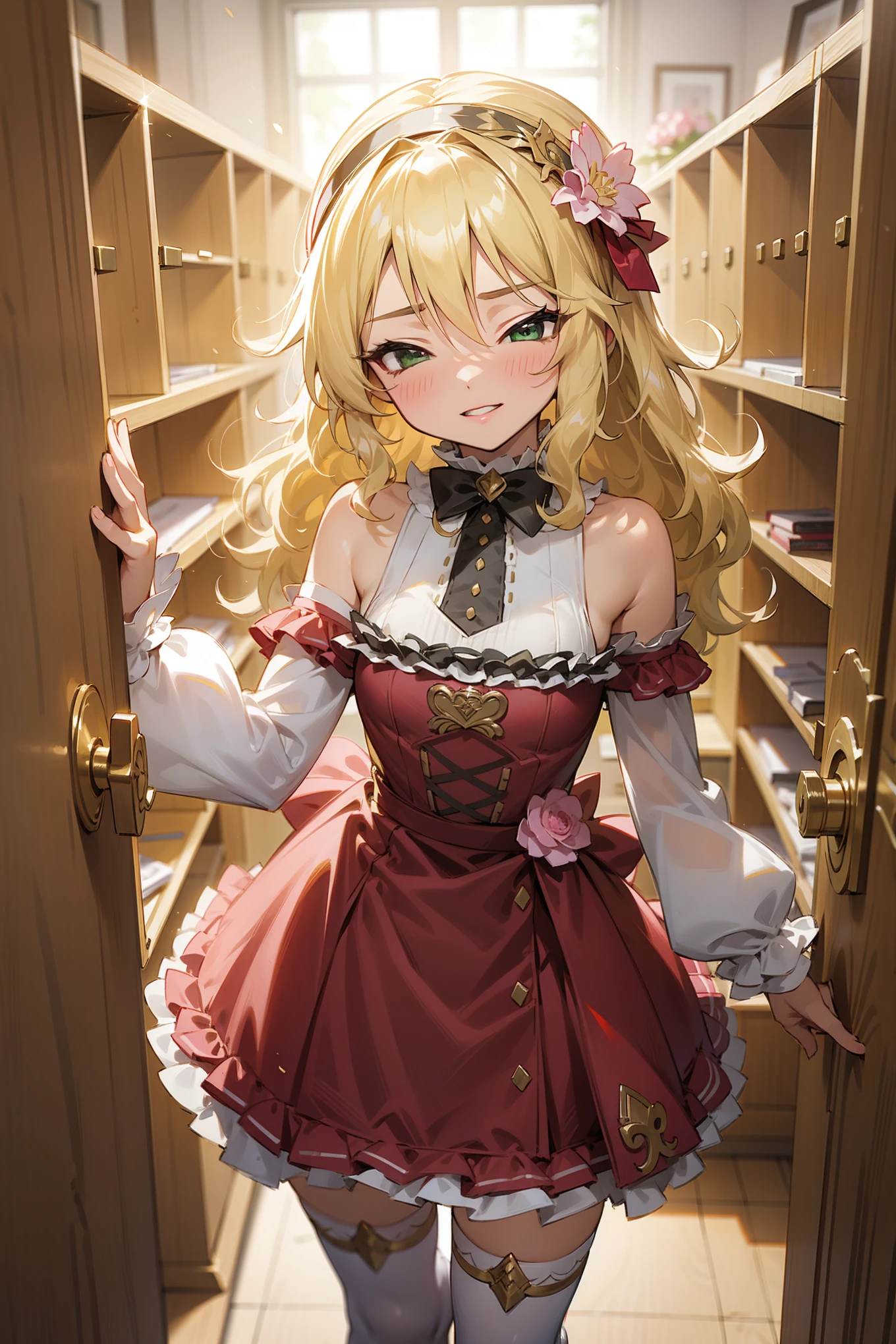 masterpiece,best quality, ultra-detailed,1girl(sakurai momoka, lovely small breasts, wavy hair,blonde hair, headband,  pink flower in hair,green eyes,  half-closed eyes), evil face, smirk, parted lips, 
facing viewer , looking at viewer, solo, gold dress(ornate dress), frill, bare shoulders, frill, white lace thighhighs, in the locker room, standing,  Sexy waist teasing, 