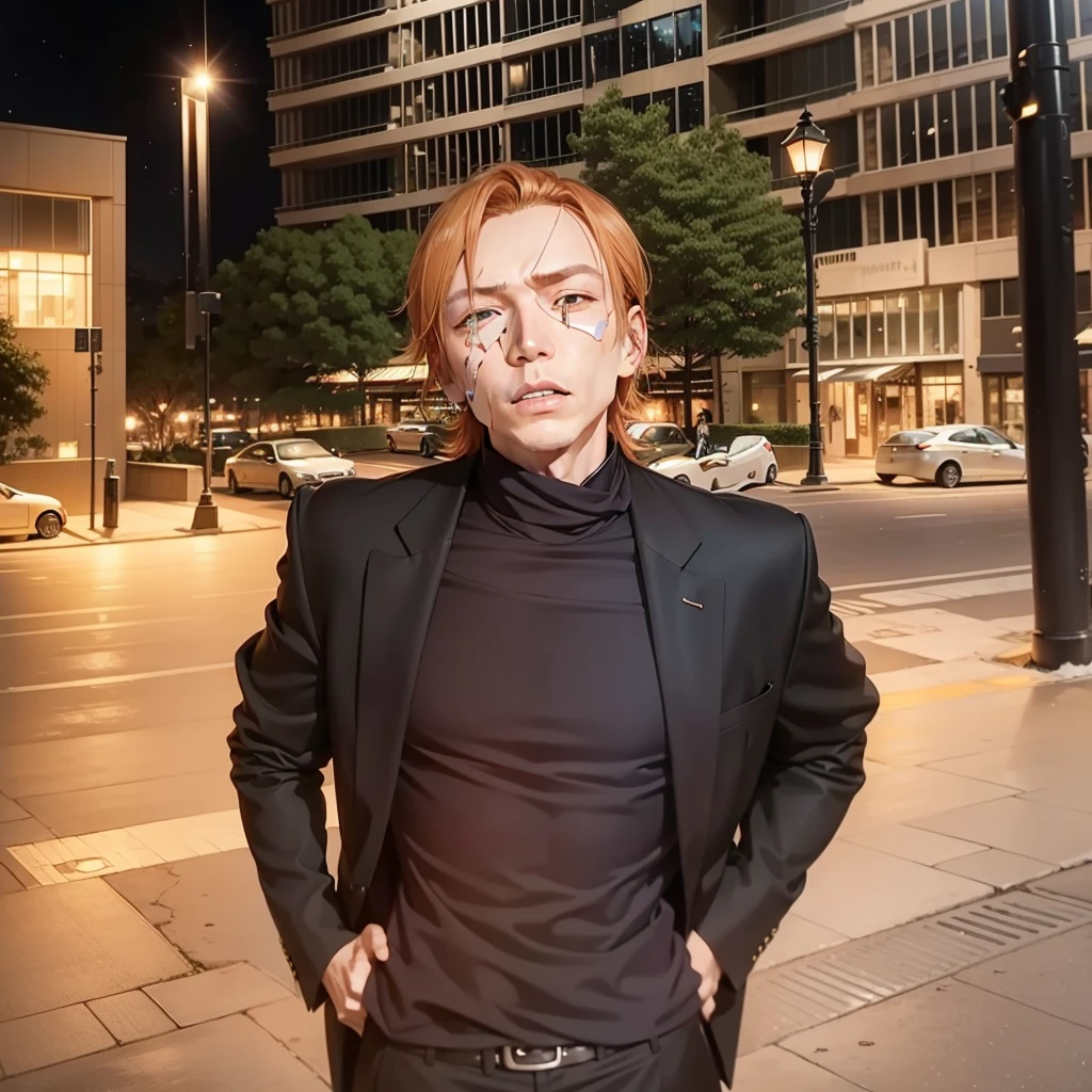 Chuuya Nakahara from bungou stray dogs kissing a tall blonde MAN who has an eye patch on his face Background moonlit sky with shooting stars