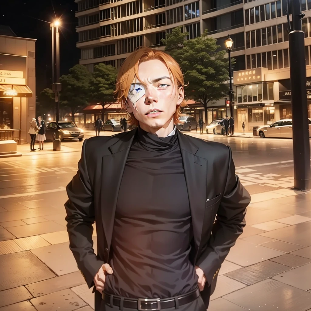 Chuuya Nakahara from bungou stray dogs kissing a tall blonde MAN who has an eye patch on his face Background moonlit sky with shooting stars
