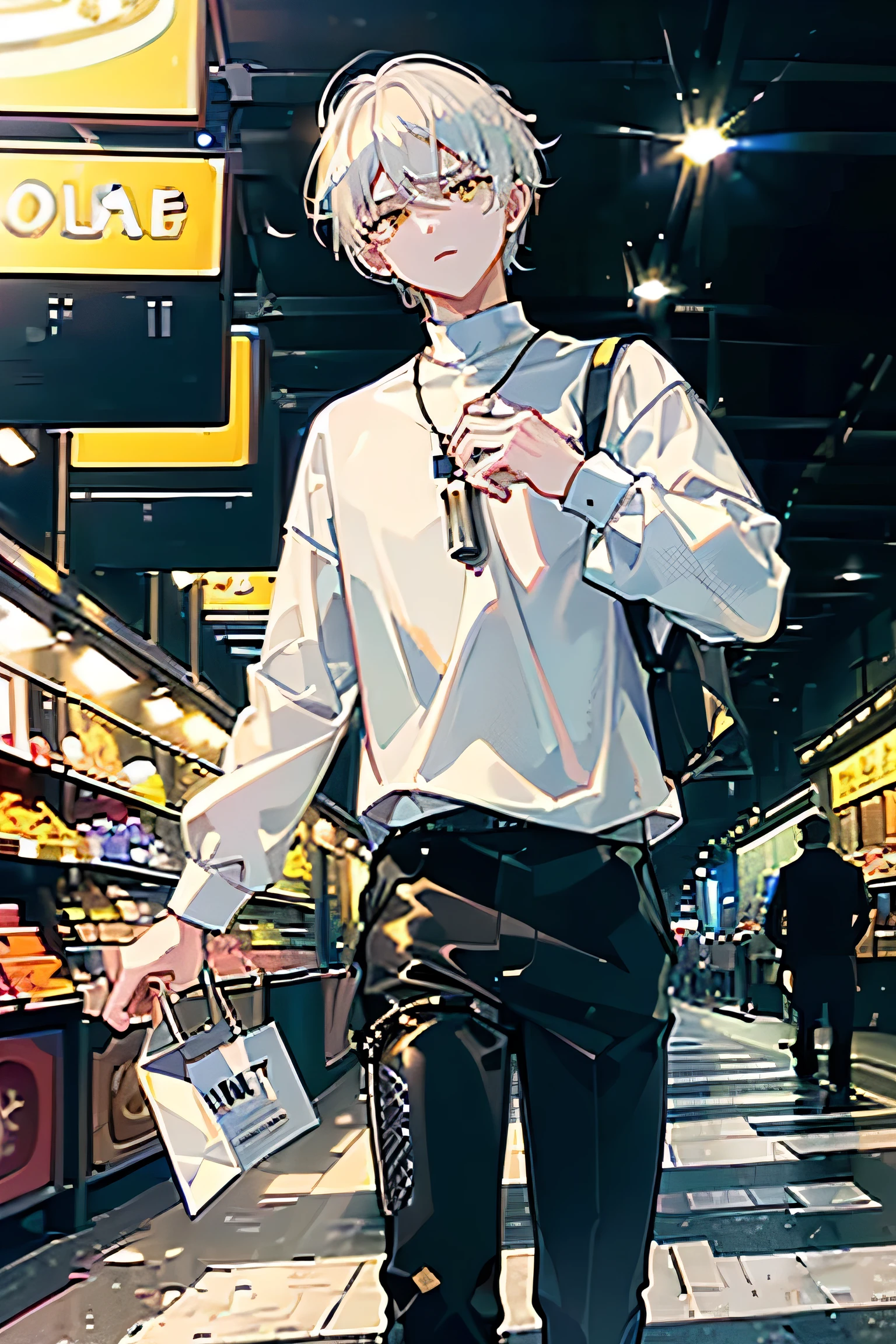 absurdres, uhd, 5k, masterpiece, (((HDR))), ((best quality)), (ultra high quality), (hi-res), ((1boy)), male, (((gold eyes))), ((golden eyes)), detailed eyes, (((adult))), (((white hair))), ((very short hair)), ((smooth hair)), round hair, (even hair), layered hair, ((short bangs)), (((bangs above eyes))), ((white eyebrows)), (white long sleeve shirt), black pants, ((casual clothes)), (facing viewer), ((turn to viewer)), (((cowboy shot))), at a shopping market, medieval market, merchant stalls, (outside), traveling, walking, cobblestone road