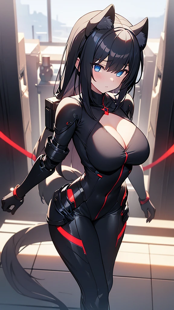 (Highly detailed CG Unity 8k wallpaper,masterpiece, Biological, whole body),(Best lighting, Best Shadow, Very delicate and beautiful),(One girl),blue eyes, Big Breasts, Black Hair,Red and black off-the-shoulder SF bodysuit,Neck Seal,High-tech sci-fi corridor, Dynamic pose, Detailed Machinery, Sleek design, {{Unidentified creatures prey on women and take their place、Women become bones}}, NSFW