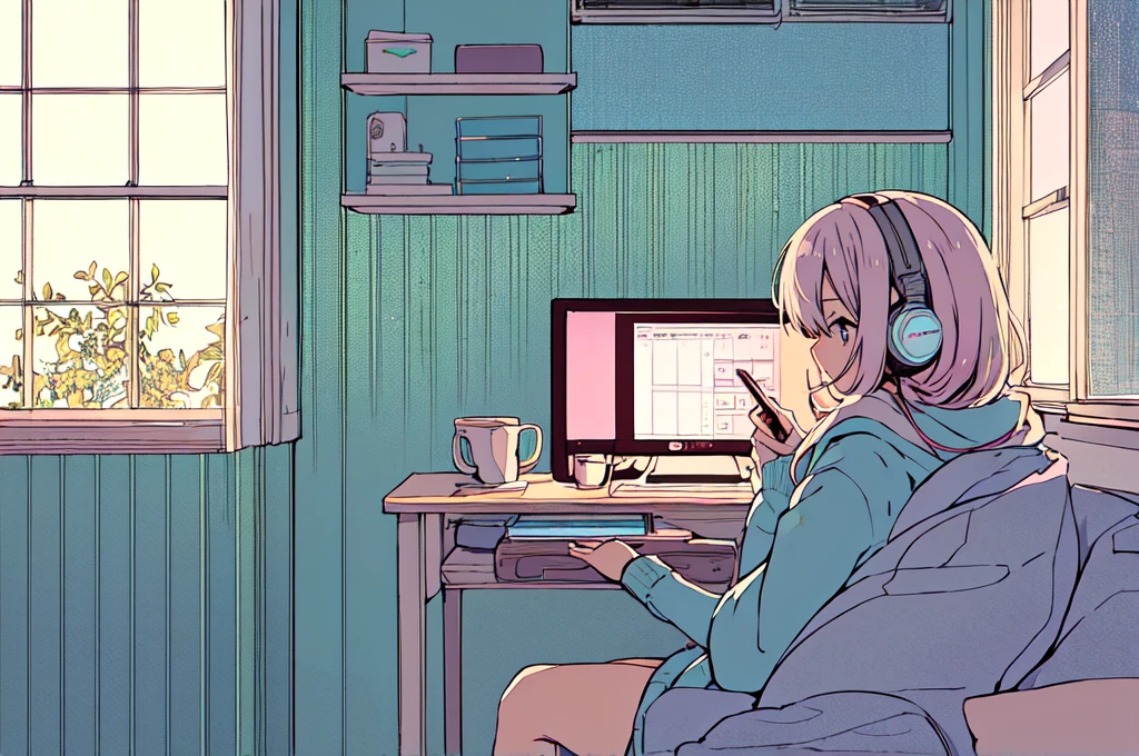 pastel colour、A beautiful girl studying at a desk in her room while listening to music with headphones、radio、Coffee cup、 quiet night,Japanese anime