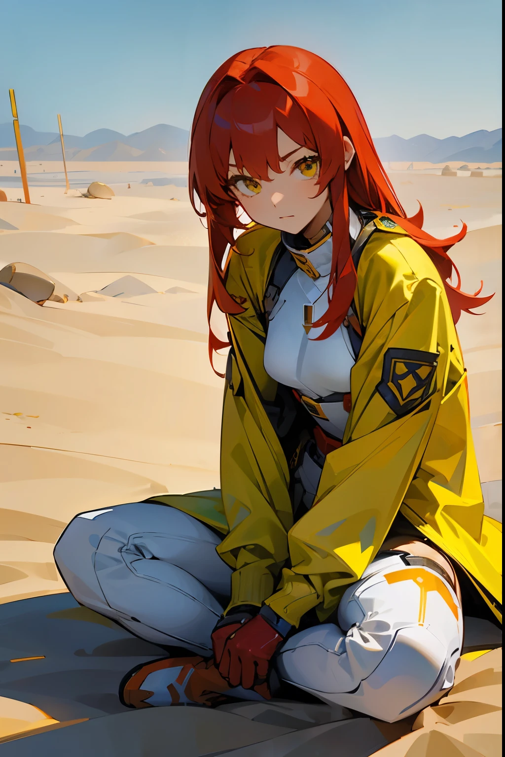 1female, Red Hair, White Armor, Straight Hair, Green and Yellow Jacket, Combat Attire, Amber Eyes, Calm Expression, Tall, High Ranker, Adult Female, Desert, Sitting on the Sand