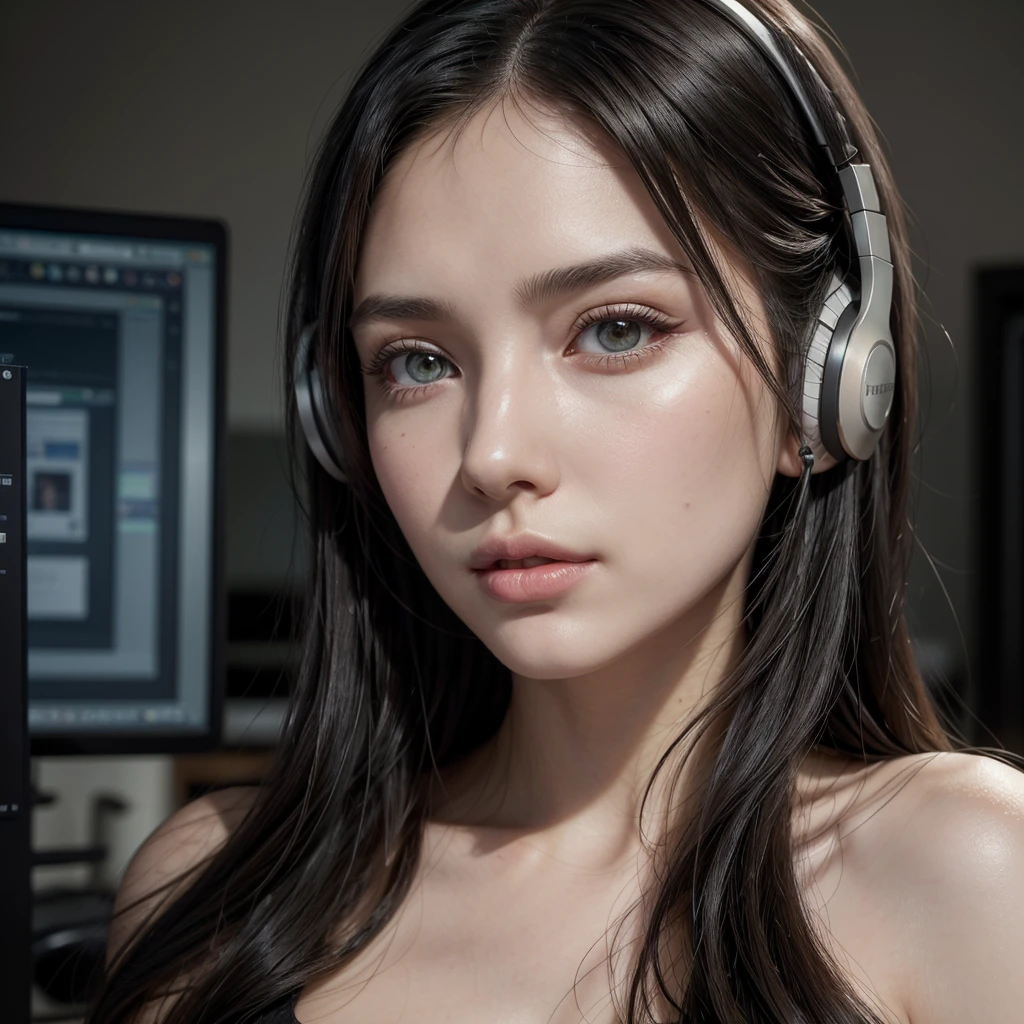 a girl with long black hair, almond-shaped hazel green eyes, fair skin, natural makeup, streaming in front of a computer with headphones on, detailed facial features, intricate hairstyle, beautiful skin, elegant pose, soft lighting, warm color palette, realistic digital art, photorealistic, 8k, cinematic composition, masterpiece, hyper detailed