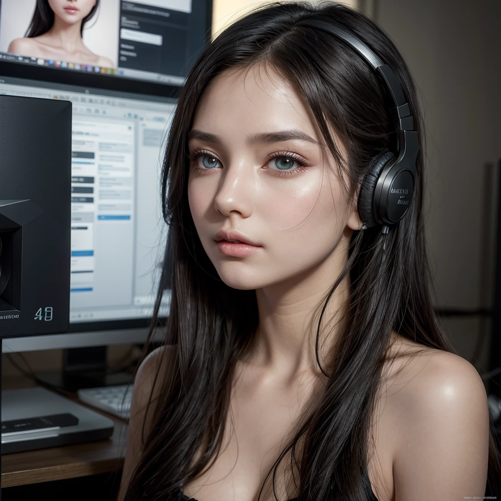 a girl with long black hair, almond-shaped hazel green eyes, fair skin, natural makeup, streaming in front of a computer with headphones on, detailed facial features, intricate hairstyle, beautiful skin, elegant pose, soft lighting, warm color palette, realistic digital art, photorealistic, 8k, cinematic composition, masterpiece, hyper detailed