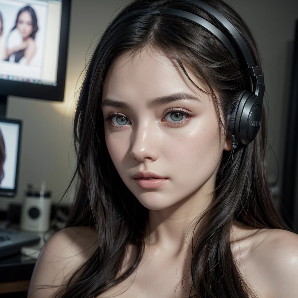 a girl with long black hair, almond-shaped hazel green eyes, fair skin, natural makeup, streaming in front of a computer with headphones on, detailed facial features, intricate hairstyle, beautiful skin, elegant pose, soft lighting, warm color palette, realistic digital art, photorealistic, 8k, cinematic composition, masterpiece, hyper detailed