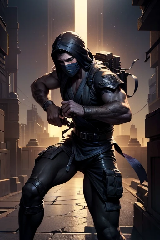 (masterpiece, Extremely realistic, photo-realism, Extremely precise in every detail:1.1), (best quality:1.1), (extremely detailed CG unity 8k wallpaper), (best illustration), (best shadow), (absurdres:1.1), (realistic lighting), ((beautiful detailed glow)), cool guy, , he is a Ninja-commando, he is fighting the enemy with Ninja-art, on the old Edo-city