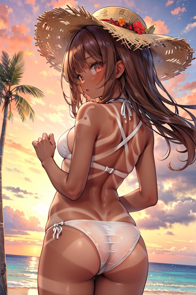 masterpiece, best quality, nsfw,
1girl, view from behind, view from below,
(red brown skin:1.3), (obvious tan lines:1.5),
medium breasts,
white bikini, wedgie,
brown hair, embarrassed face,
sandy beach, sunset,