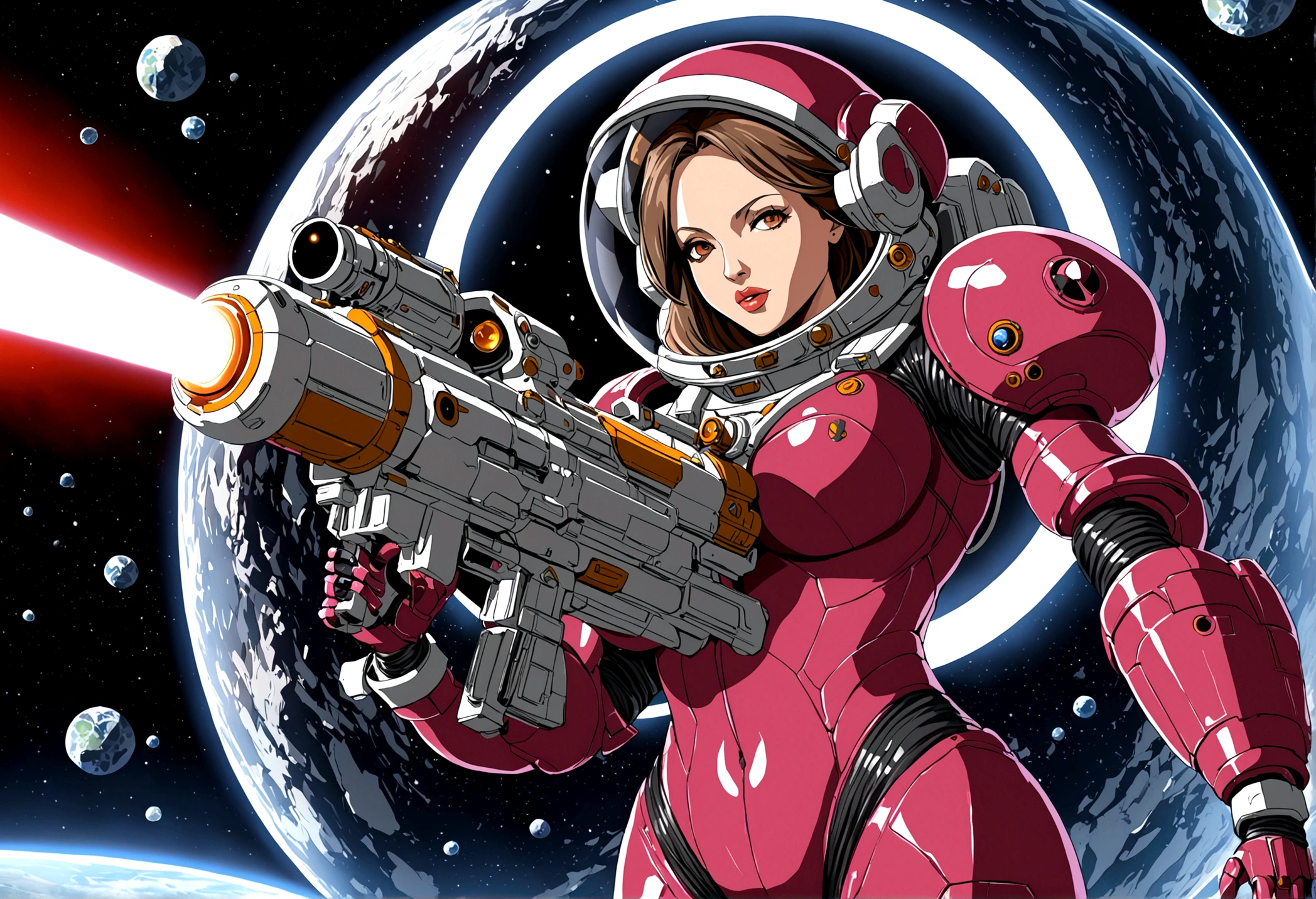 Angelina Jolie (age 25, giga busty, huge breasts, sexy violet clear plastic space suit, thruster pack, bubble dome, big laser rifle) is a scout in an asteroid field, attacked by fembots of the opposing faction (silver and red color scheme)