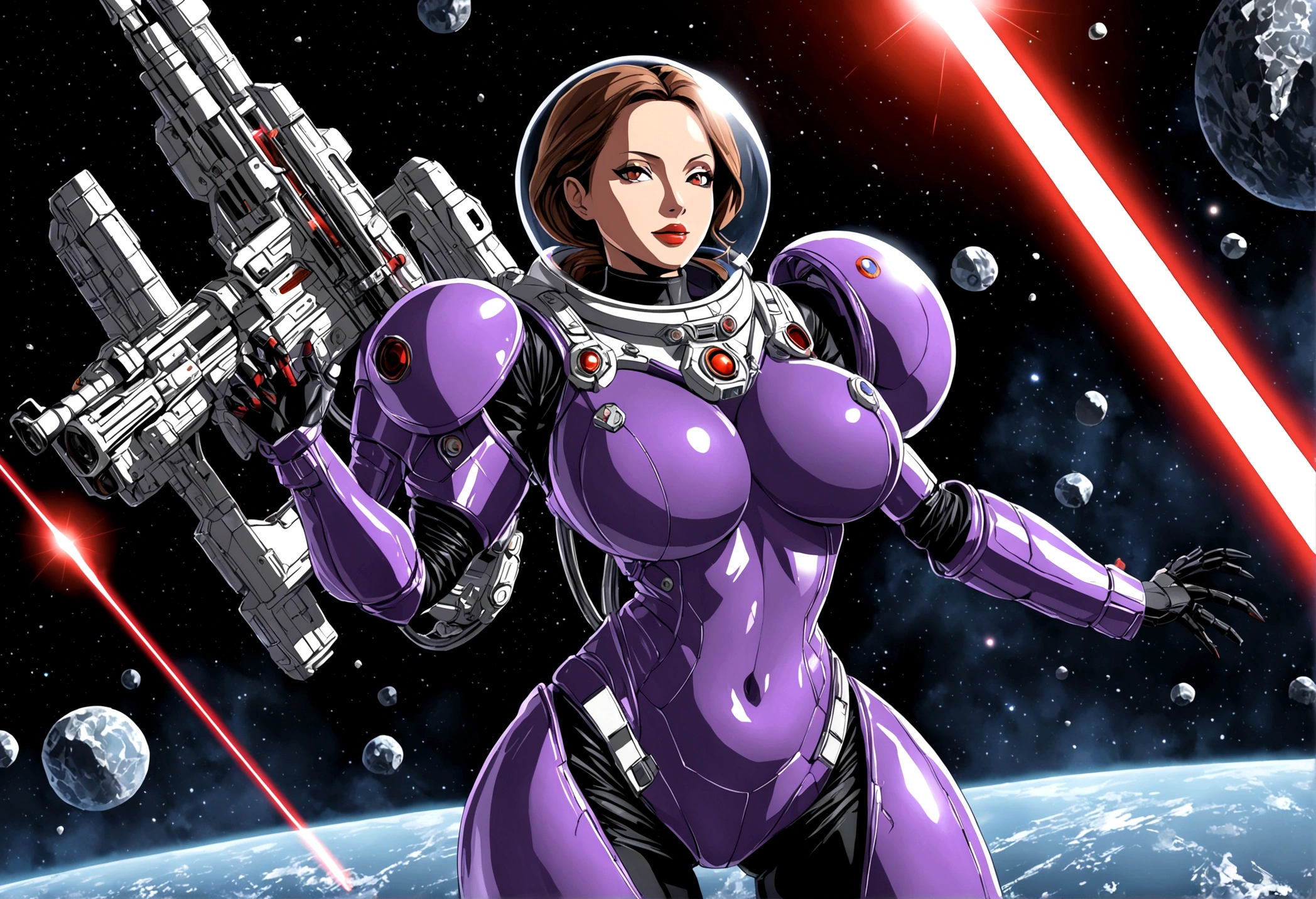 Angelina Jolie (age 25, giga busty, huge breasts, sexy violet clear plastic space suit, thruster pack, bubble dome, big laser rifle) is a scout in an asteroid field, attacked by fembots of the opposing faction (silver and red color scheme)
