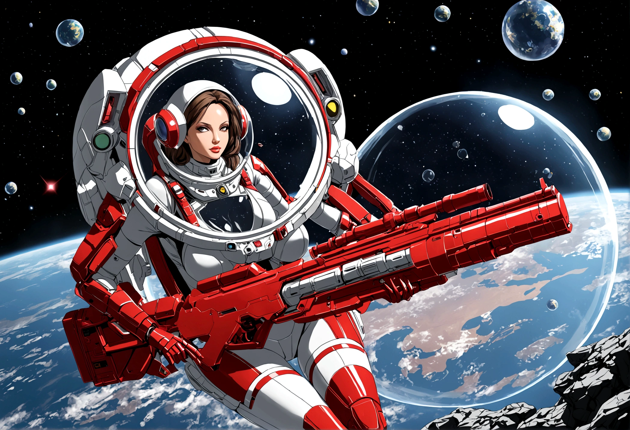 Angelina Jolie (age 25, giga busty, huge breasts, sexy violet clear plastic space suit, thruster pack, bubble dome, big laser rifle) is a scout in an asteroid field, attacked by fembots of the opposing faction (silver and red color scheme)
