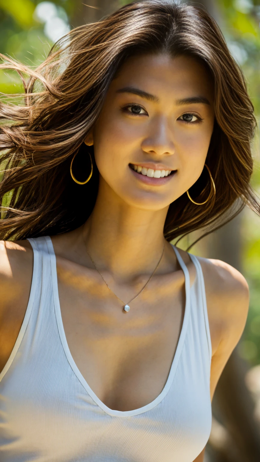A stunning intricate color close up portrait of (sks woman:1) , Grace Park, wearing white tank top, epic character composition, sharp focus, natural lighting, subsurface scattering, f2, 35mm, film grain, , by Dominique Issermann, beautiful smile, smiling, long wavy hair, beautiful woman, wide smile, big smile, beautiful smile, broad shoulders