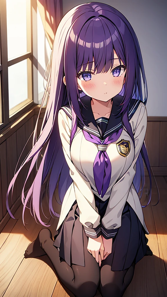 One girl, Long midnight purple hair, Golden light eyes, sit in classroom, White school modern uniform, anime