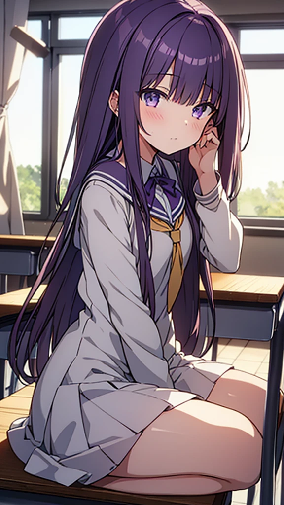 One girl, Long midnight purple hair, Golden light eyes, sit in classroom, White school modern uniform, anime