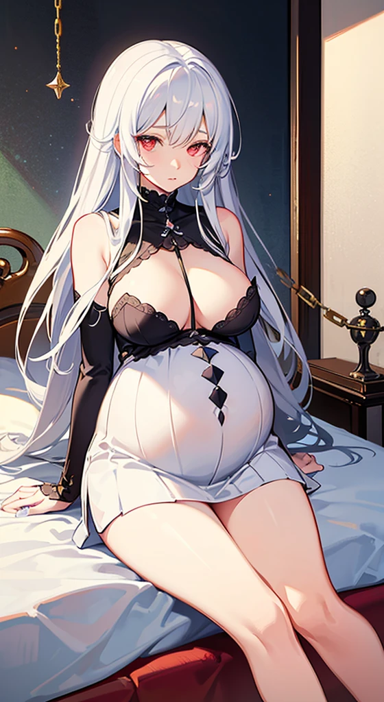 one pregnant anime girl with white hair and red eyes, chained and laying on a bed. Sad. breast feeding