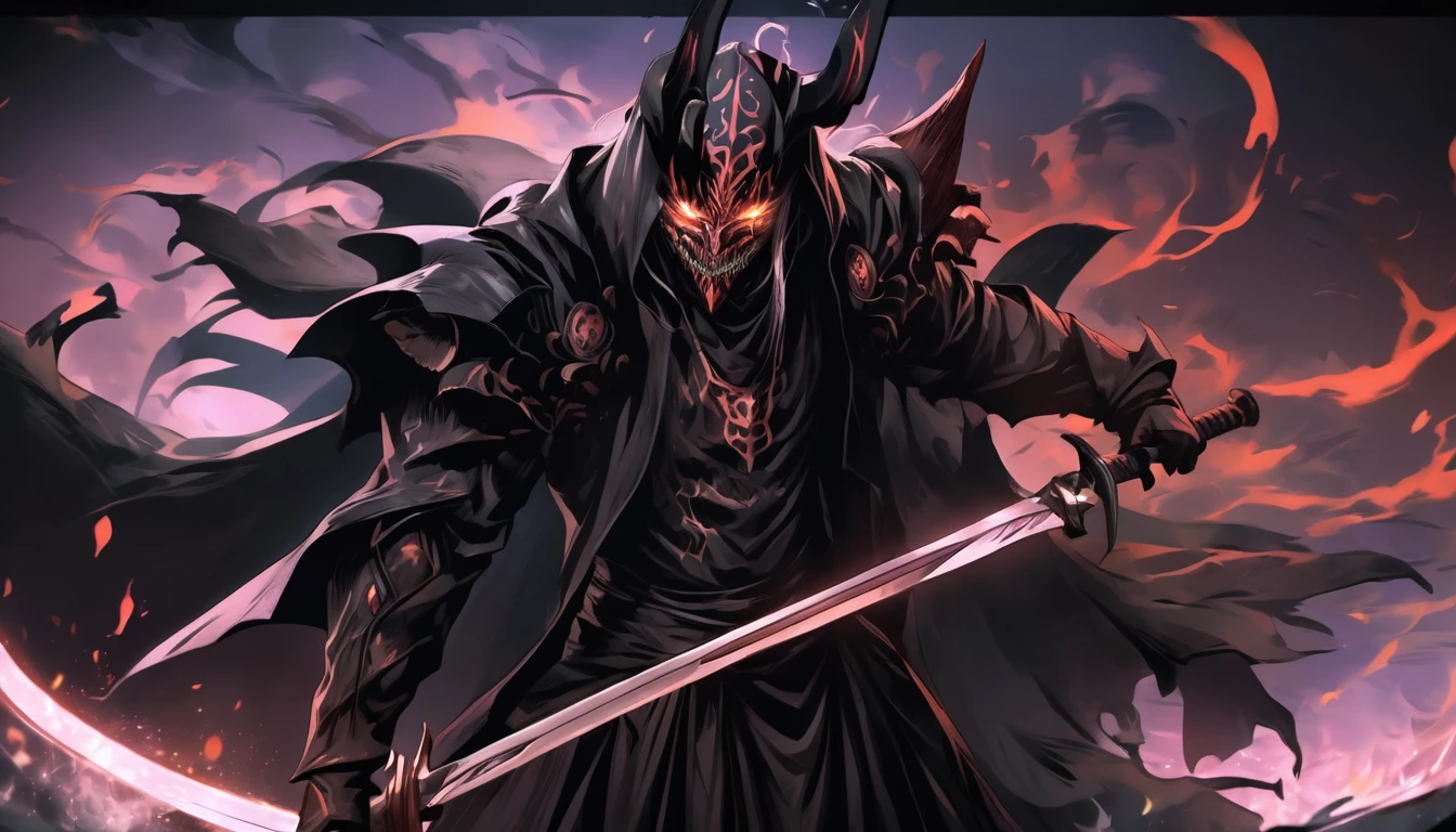 demon mask, sword on the hand,close up, black heavy detailed clothes, hand katana, art, dark and malevolent, hand sword, armor, powerful and intimidating, (masterpiece, best quality, ultra-detailed, best shadow), (detailed background, dark fantasy) dramatic light, intricate details, dark and malevolent, powerful and intimidating, Dark and foreboding, malevolent force, sinister and chilling, armor, high detailed background, girl in demon slayer art, demon slayer art style, epic anime art, God death