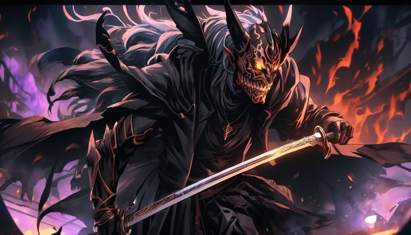demon mask, sword on the hand,close up, black heavy detailed clothes, hand katana, art, dark and malevolent, hand sword, armor, powerful and intimidating, (masterpiece, best quality, ultra-detailed, best shadow), (detailed background, dark fantasy) dramatic light, intricate details, dark and malevolent, powerful and intimidating, Dark and foreboding, malevolent force, sinister and chilling, armor, high detailed background, girl in demon slayer art, demon slayer art style, epic anime art, God death