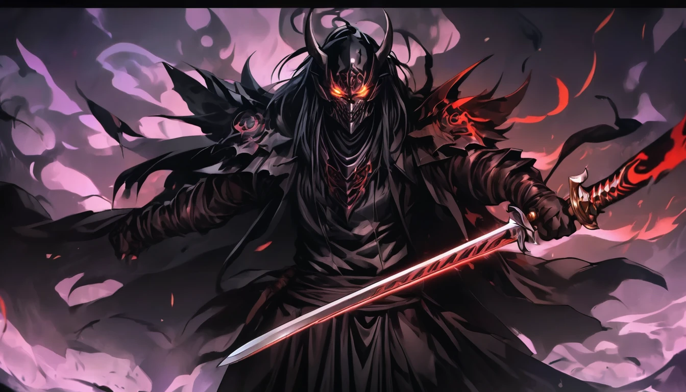 demon mask, sword on the hand,close up, black heavy detailed clothes, hand katana, art, dark and malevolent, hand sword, armor, powerful and intimidating, (masterpiece, best quality, ultra-detailed, best shadow), (detailed background, dark fantasy) dramatic light, intricate details, dark and malevolent, powerful and intimidating, Dark and foreboding, malevolent force, sinister and chilling, armor, high detailed background, girl in demon slayer art, demon slayer art style, epic anime art, God death