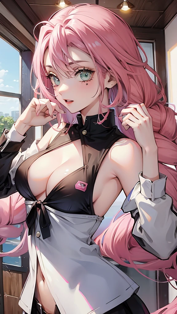 Pink haired girl sexy poses big breast