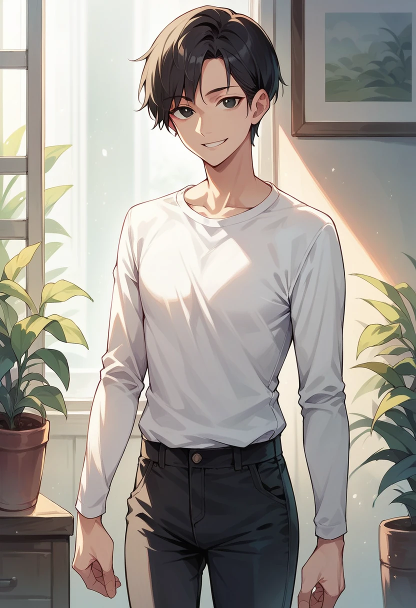 score_9, score_8_up, score_7_up, score_6_up, solo, straight hair, short hair, black hair, black eyes, white shirt, long sleeves, black pants, indoors, standing, looking at viewer, smile
