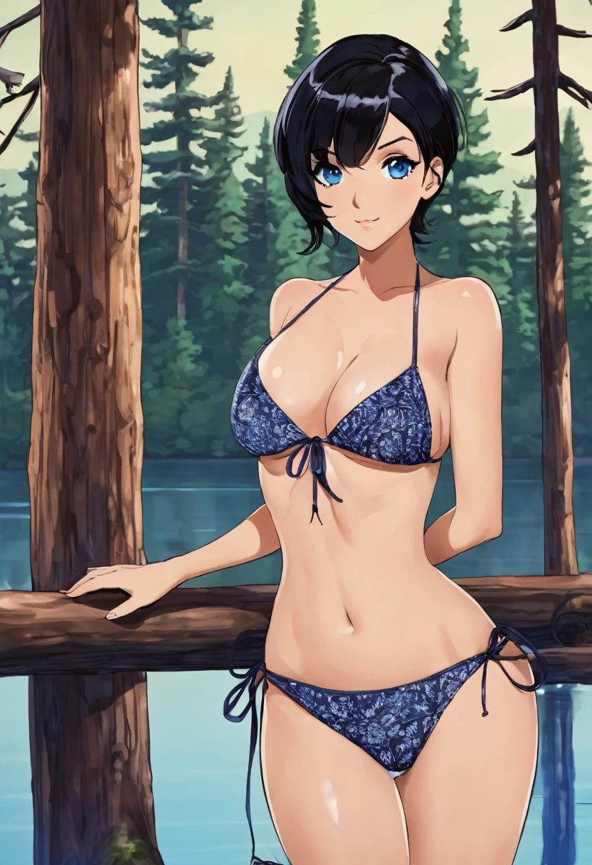 Short, curvy, black hair, dark blue eyes, hair up, String bikini, cabin, lake, pine trees, seductive gaze, pulling bikini to side
