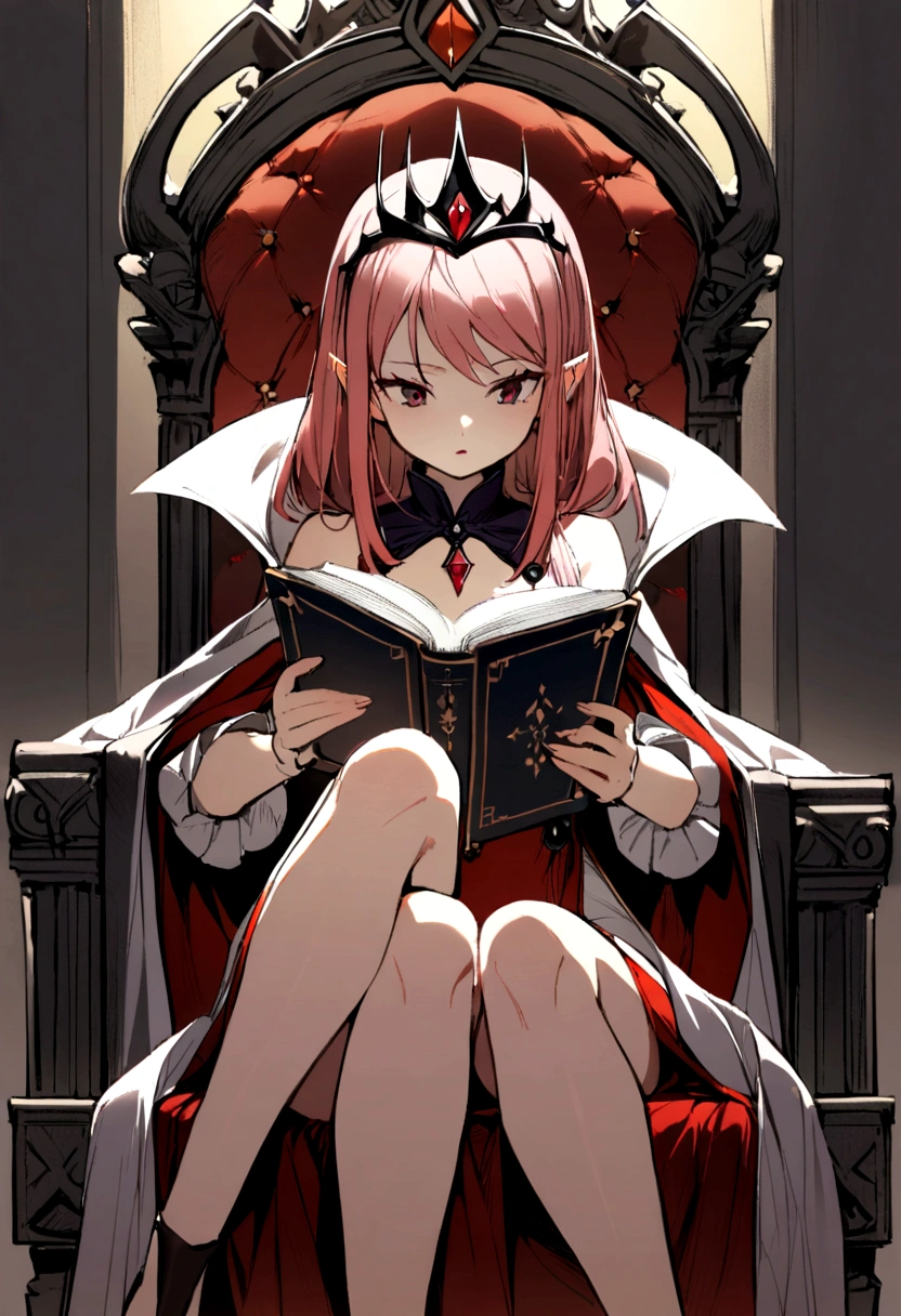 1 girl, smallbreast,light red hair, wearing a simple evil queen tiara, wearing a large shirt that reaches the thighs,sitting boldly on a throne, reading a book .